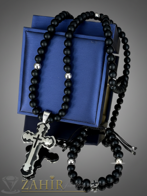 Комплект колие от естествен оникс 8 мм и висулка кръст от неръждаема стомана - 6 см и регулираща се гривна - MKO1018